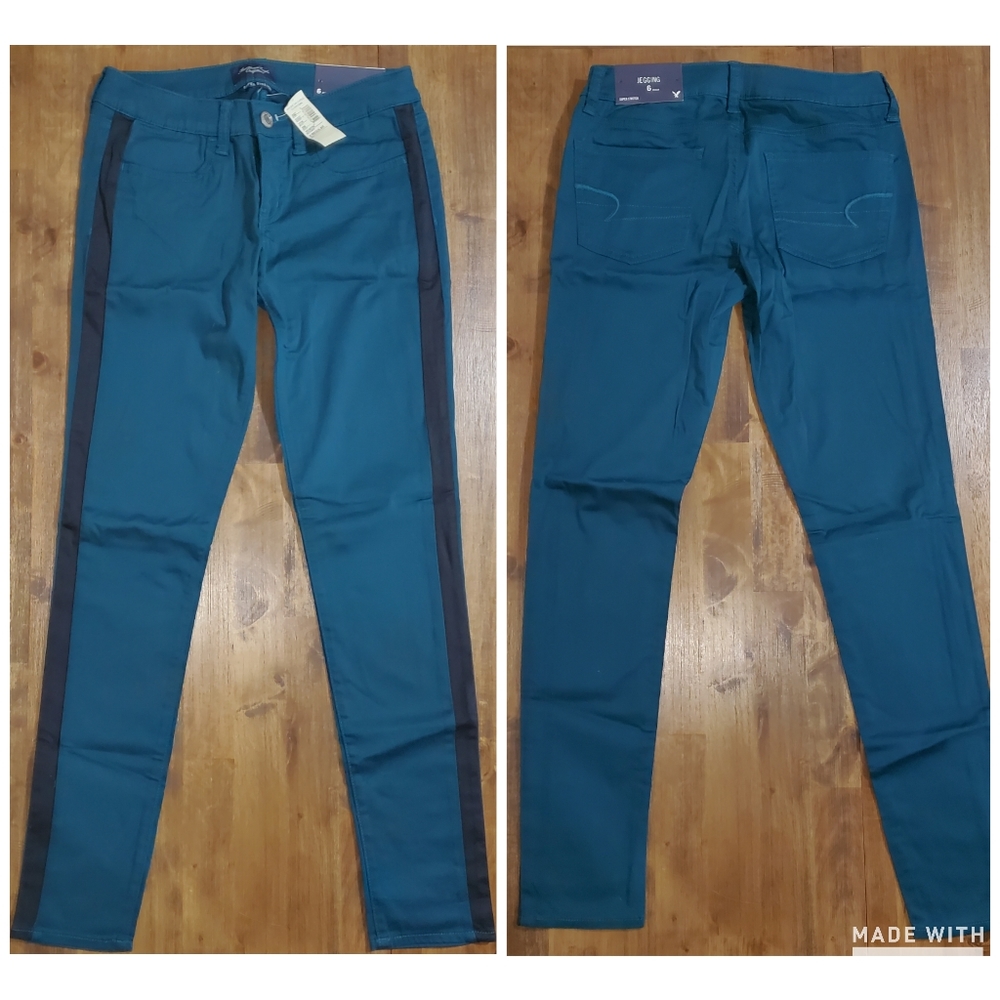 NWT Women's American Eagle Tuxedo Pants - Peacock Blue with Black Leg Stripe - Picture 7 of 7